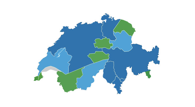Map of Switzerland with cantons highlighted in blue, light blue, and green