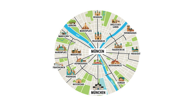 Munich City Map Illustration - Landmarks and Attractions in a Circular Design