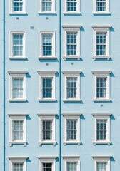 Obraz premium Elegant seamless architectural pattern featuring rows of white windows set against a soft powder blue house facade in a repetitive design, house, detail, background