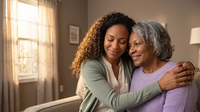 Young African American woman hugging an elderly woman at home. Multi-generational family support and care concept. Daughter embracing senior mother in a living room