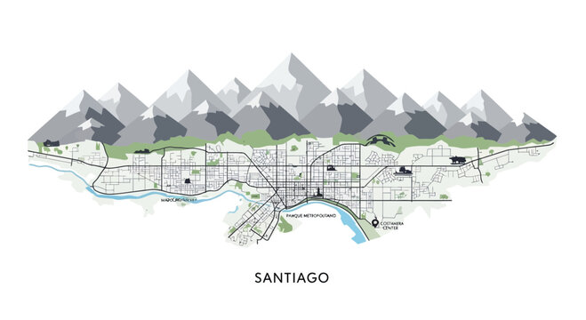 Santiago City Map with Andes Mountains Silhouette - Urban Landscape