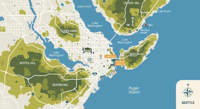 Seattle Washington map illustration, downtown aerial view, Puget Sound, parks, neighborhoods