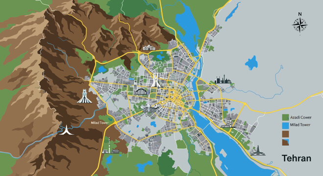 Tehran City Map Overview: Mountains, River, and Landmarks