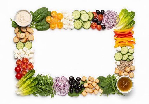 Colorful salad ingredient frame on white background for vibrant food art