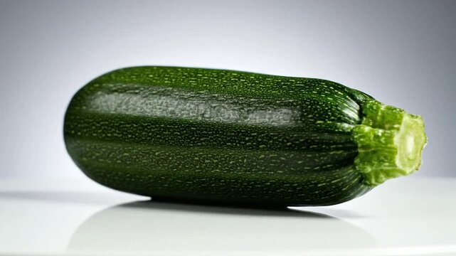 Close-up shot of a fresh, dark green zucchini rotating on a white surface with a gray background.