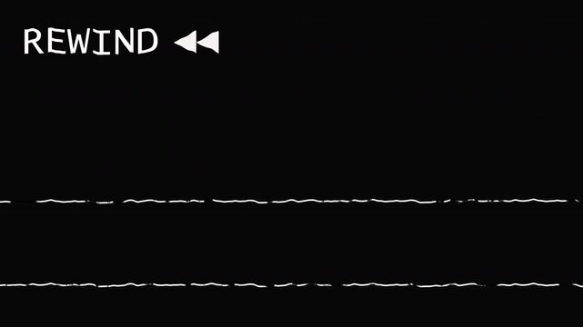 A bold rewind arrow symbol for VHS tape, featuring distortion and noise effects, designed for retro film and video editing