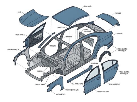 Exploded View of Car Body Parts Vector Illustration