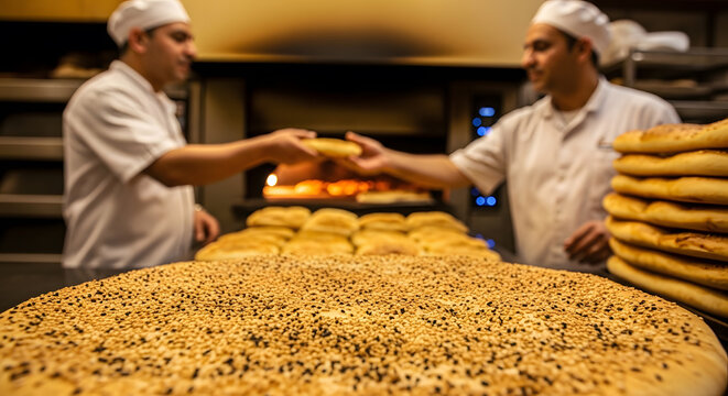 Men in white uniforms preparing and passing traditional sesame seed bread in a professional bakery with industrial equipment