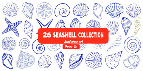 Collection of twenty six hand drawn blue line art seashells and starfish © Debashis