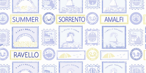 Postage stamp pattern featuring italian coastal towns and summer themes © Debashis