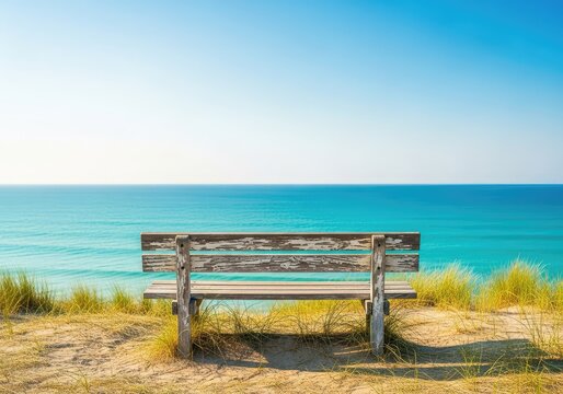 A weathered wooden bench sits atop a grassy sand dune overlooking a calm turquoise ocean under a clear sky during a peaceful summer day, turquoise, travel, summer
