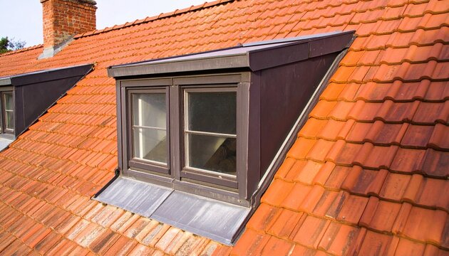 Closeup house roof red clay tiles dormer windows brick chimney