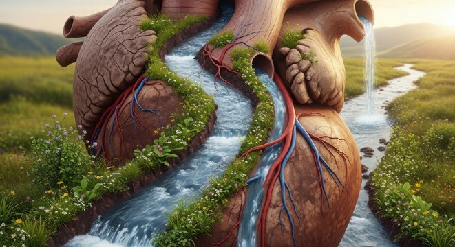 Anatomical Heart with River Flowing Through, Lush Greenery, Sunrise Landscape