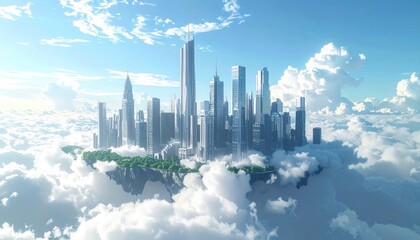 Fototapeta premium Futuristic Cityscape Floating Above Clouds, Utopia, Sky Island, Modern Architecture