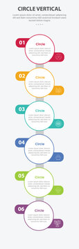 Circle base shape mobile vertical template infographic with round rectangle badge extension up and down side with stacked list for mobile smartphone content with 6 points