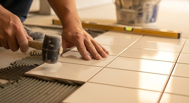 Craftsman Tiling Floor with Hammer and Level for Home Improvement
