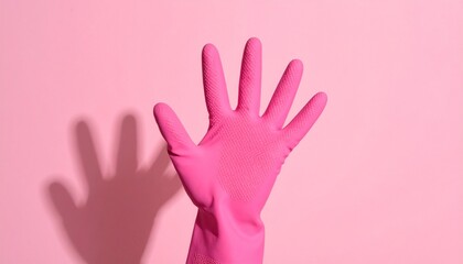 Obraz premium Bright Pink Rubber Cleaning Glove Held Up Against a Pink Background with Shadow
