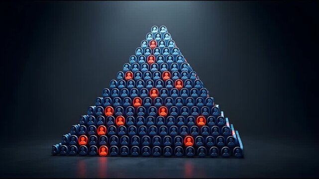 Human Pyramid Structure With Red Impostor Symbols Representing Important Individuals Or Outliers In A Dark Futuristic Digital Network