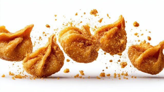Crispy Fried Momos Flying with Crumbs Dynamic Food Splash Isolated on White Background Genrative ai
