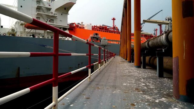 Aerial view of LNG carrier ship at industrial terminal, cargo operations