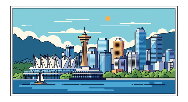 Vancouver Skyline with Canada Place and mountains, illustration
