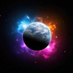 Fototapeta premium A majestic glowing planet floating in the deep void of outer space, surrounded by shimmering stars and colorful cosmic nebulae dust clouds, surface, cosmic, solar