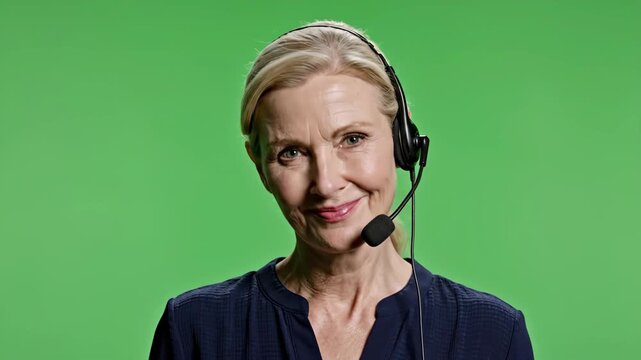 Professional woman customer service representative with headset smiling