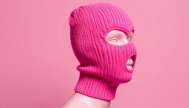 Vibrant Pink Knitted Balaclava on Mannequin Head Against Pink Background