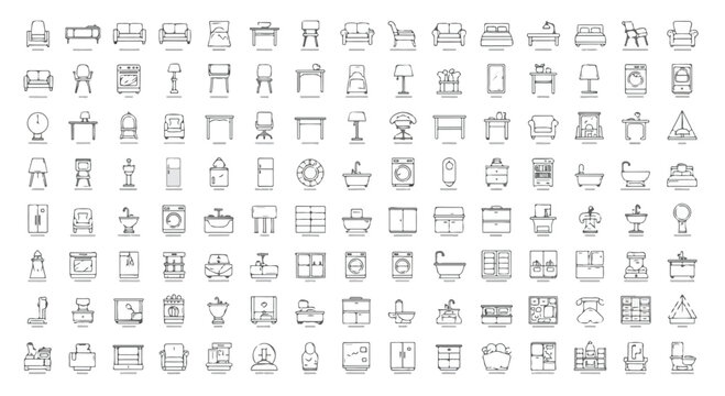 Minimalist furniture line icons set, modern home interior outline symbols, collection of 112 thin stroke house equipment and decor vector elements