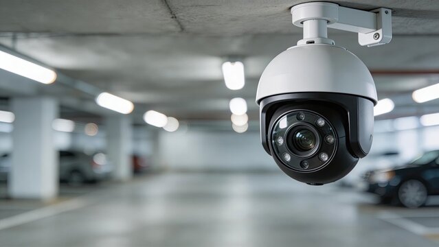 Modern Security CCTV Camera Mounted On Ceiling In Underground Parking Garage Surveillance System For Safety And Crime Prevention Technology Background With Blurred Cars Indoor