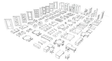 Fototapeta premium Architectural furniture line icons set, isometric interior design elements for floor plans, modern home and office furniture vector collection