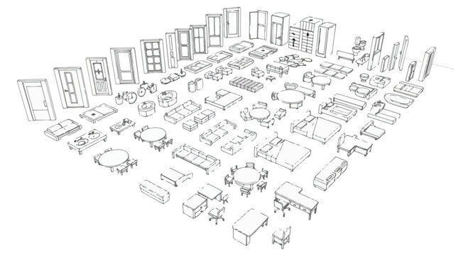 Architectural furniture line icons set, isometric interior design elements for floor plans, modern home and office furniture vector collection