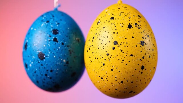 Easter eggs hanging on colorful background.
