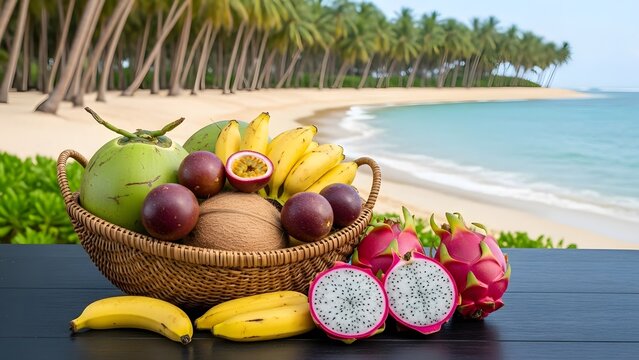 Tropical fruit basket on a table with a beach background