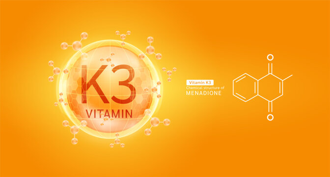 Orange vitamin K3 complex solution in hexagonal dome with molecules. Chemical structure of Menadione. For cosmetic products ads or supplement. Medical health care skin protection. Vector EPS10.
