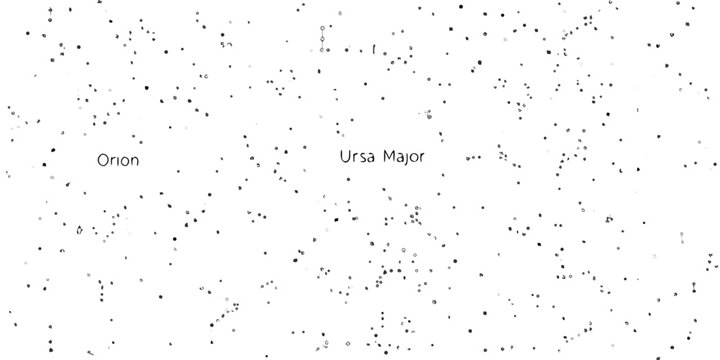 Starry night sky illustration with labeled constellations orion and ursa major