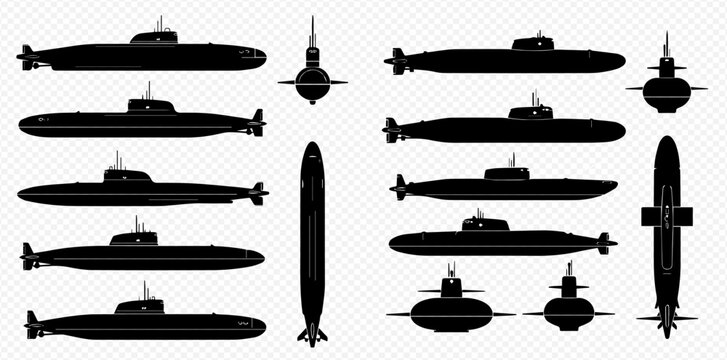 Submarine Silhouettes Set: Detailed Black Vector Icons of Military Submersibles from Various Angles.