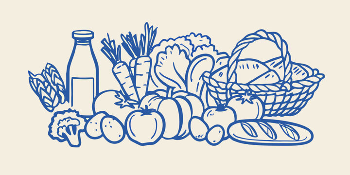 A bountiful sketch of fresh produce in a woven basket