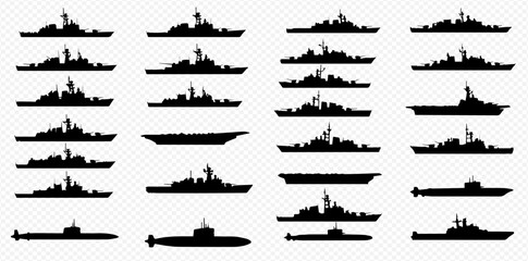 Collection of various warship and submarine silhouettes on a transparent background, depicting naval vessels and military transport. © Adji