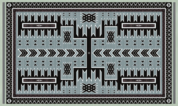 Navajo storm pattern rug style vector.Sacred mountain symbolism with central rectangular motif connecting four corners.Representing weather,lightning.Carpet southwestern tribal geometric illustration.
