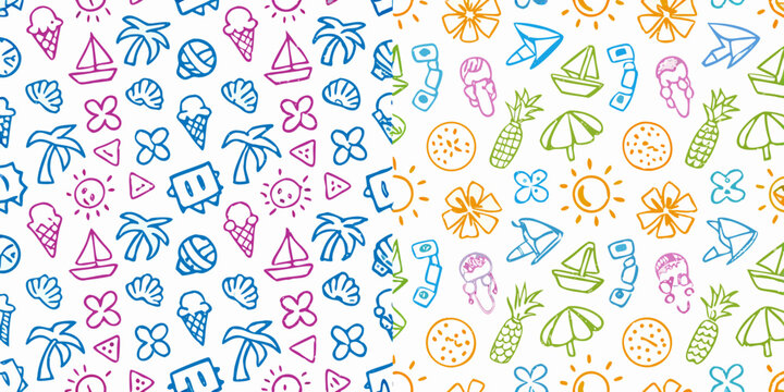Colorful summer doodles ice cream palm trees and beach items
