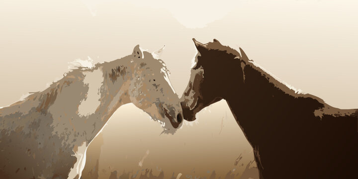 Two horses facing each other in a stylized artistic rendering