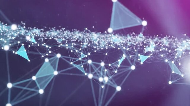 Abstract digital network of glowing nodes and lines against a vibrant purple background