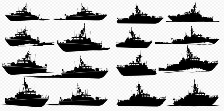 Collection of various navy ships and military boats silhouettes on a transparent background, depicting different types of naval vessels for maritime defense.