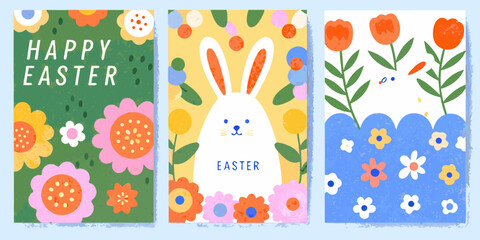 Colorful easter illustrations featuring bunnies flowers and festive greetings © Pabitra