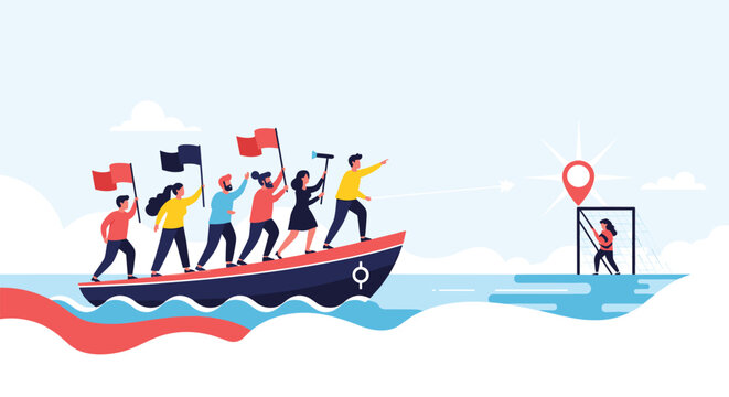 Collaborative team on a small boat sailing together towards a target flag to achieve their shared business objective.
