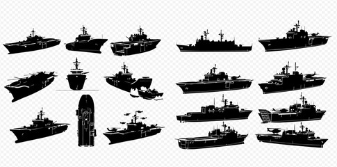 Set of various silhouettes of military warships, including aircraft carriers, destroyers, and frigates, isolated on a transparent background. © Adji