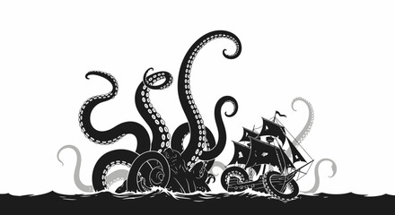 Giant Kraken Attacking Sailing Ship in Stormy Seas © punduh