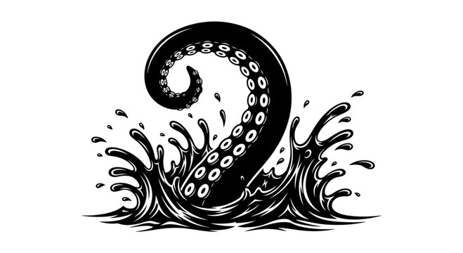 Kraken Tentacle Emerging from Water Splash, Black and White Illustration
