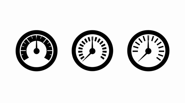 Three black vector speedometer icons with pointer and incremental scale markings